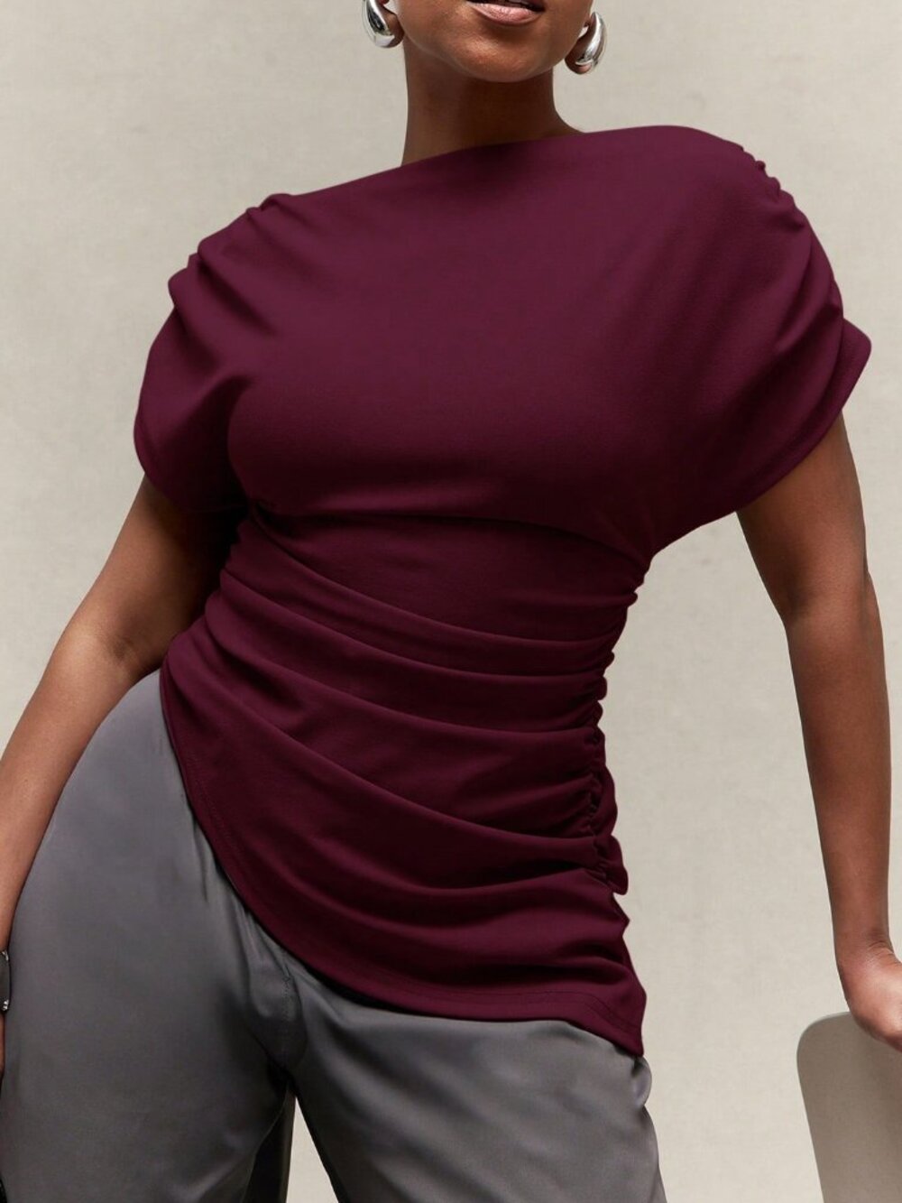 Red Violet Casual Women's Ruched Batwing Slim Fit Short Sleeve Top